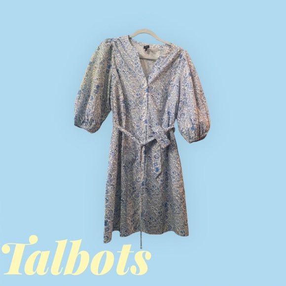 EUC Talbots cotton Blue and White Paisley Dress with puff sleeves - Picture 2 of 2